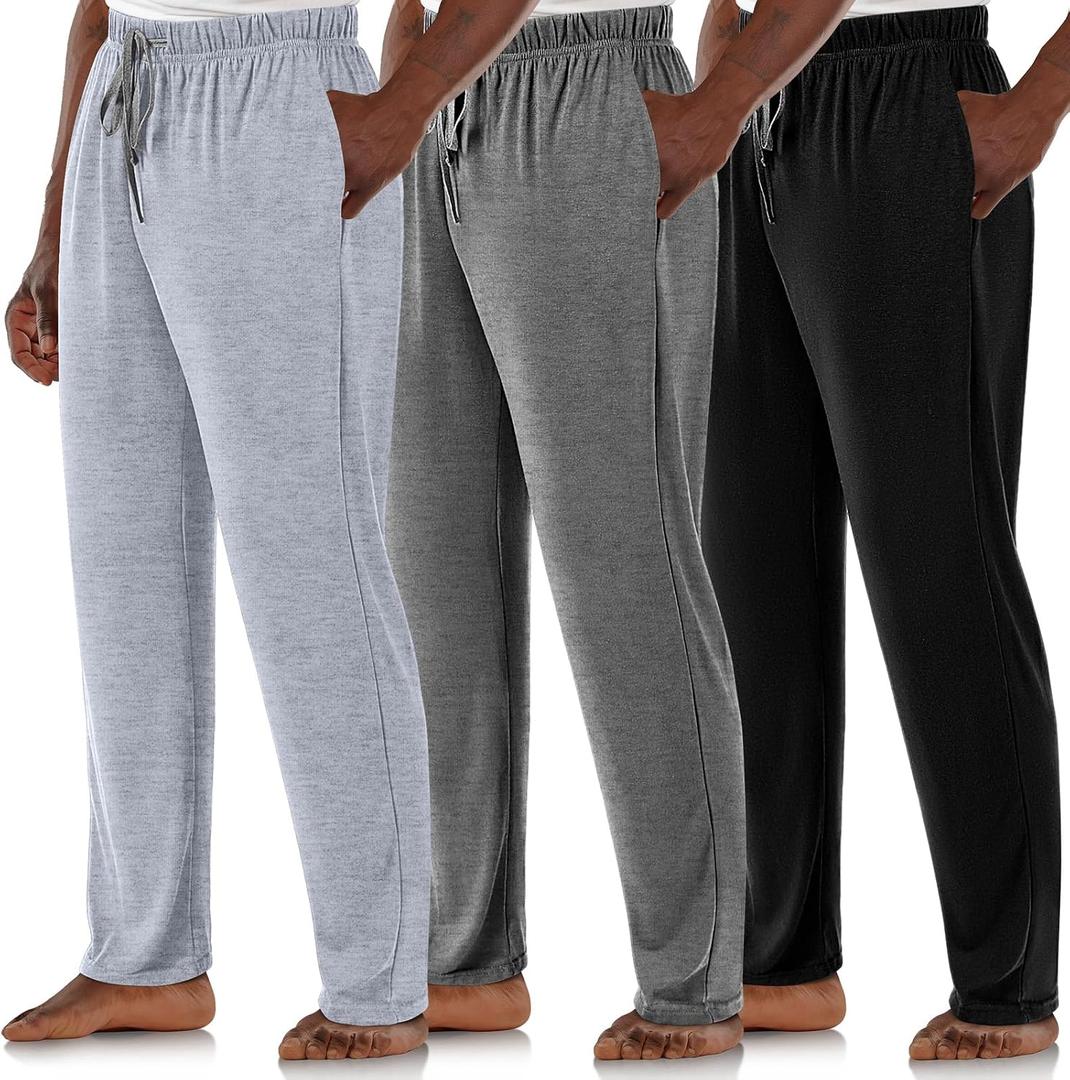 3 Pack Mens Cotton Pajamas Pants Lounge Pjs Bottoms Sleepwear Bottoms Soft Pants with Pockets Drawstring (Gray, L)