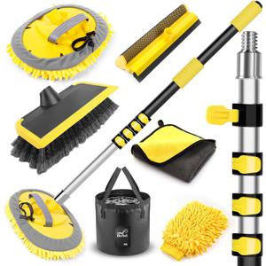 144'' Long Extendable Handle Car RV Wash Brush Kits with Collapsible Bucket, RV, Truck Washing Kit with Extension Pole - Microfiber Car Mop, Bristles Washing Brush, Squeegee Mitt, RV-Wash Cleaning Kit (Yellow)