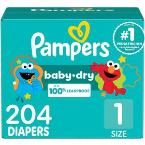 Pampers Diapers - Baby Dry - Size 1, 204 Count, Absorbent Disposable Infant Diaper (Packaging May Vary)