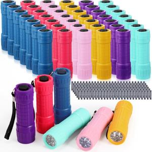 48 Pcs Mini Small Flashlights Bulk with 144 AAA Batteries and Lanyard Mini Assorted Color Handheld 9 LED Flashlights for Night Reading Kids Camping Class Teaching Party Emergency Hunting