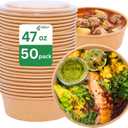 Disposable Round Paper Bowls with Lid 47oz Compostable, 50 Sets Microwave Deli Containers Leakproof, Extra Large Meal Prep Food Container Box, Sturdy Salad Dressing Bowl for Soup Toppings Picnic