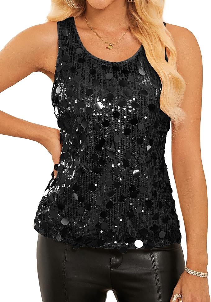 Women's Sequin Top Sleeveless Sparkly Glitter Shiny Tank Top for Party, Wedding, Club, Night Out L