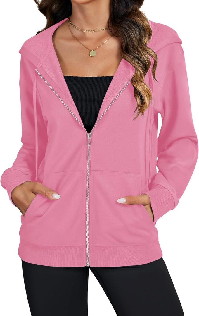 LYANER Women's Zip Up Hoodie Long Sleeve Sweatshirt Fall Outfits Fashion Jackets with Pockets (Large, Dark Pink)
