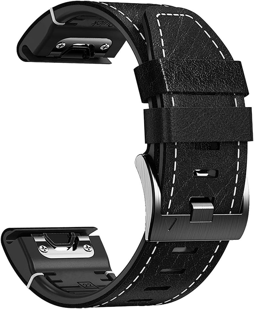 Abanen Quick Fit 22mm Leather Watch Bands for Garmin Fenix 8 / epix Pro/Tactix 8 (47mm), Fiber Leather with Silicone Lining Stitches Soft Sweat-proof Wrist Strap for Fenix 7/6 / 5, Descent G2 (Black)