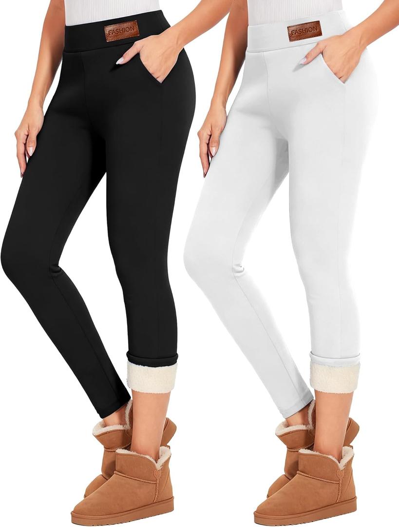 Coume 2 Pcs Women's Fleece Lined Leggings with Pockets Tummy Control High Waisted Thermal Leggings Winter Warm Yoga Pants (Black, White, S)