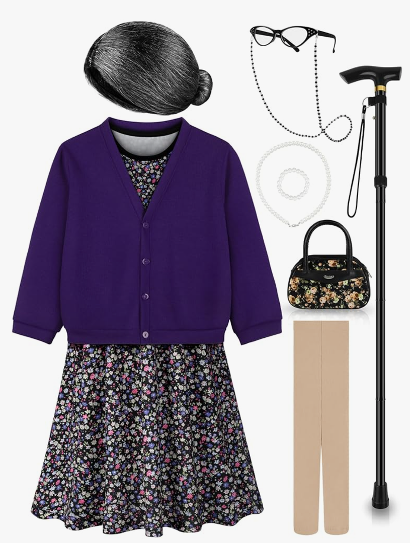Old Lady Costume for Kids 100 Days of School Costume for Girls 100th Day of School Granny Old Lady Dress Up Accessory