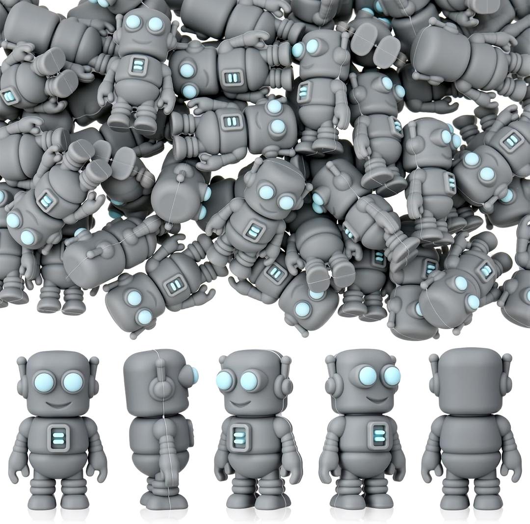 Leinuosen 100 Pcs Mini Rubber Robot Figures Bulk Miniature Robot Figurines Robots Theme Party Supplies Toppers Statues Birthday Gifts for Tabletop Home Garden Decor to Hide (Gray)