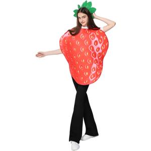 EraSpooky Adult Strawberry Costume Fruit Costume Halloween Funny Set with Green Leaf Accessory