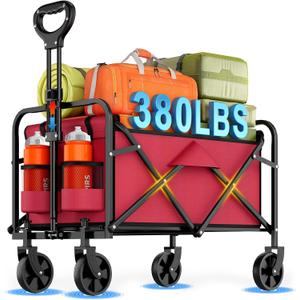 Heavy-Duty Collapsible Wagon Cart, Foldable Utility Cart with Extra Large Capacity and Drink Holders for Shopping, Camping, Grocery, Sports