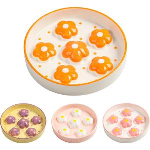 Ceramic Cat Slow Feeder Bowl - 6 OZ Puzzle Food Dish for Healthy Eating - Shallow Wide Whisker Friendly - Dishwasher Safe - 6.3''W x 1.2''H - 6 OZ - Bright Orange Flower