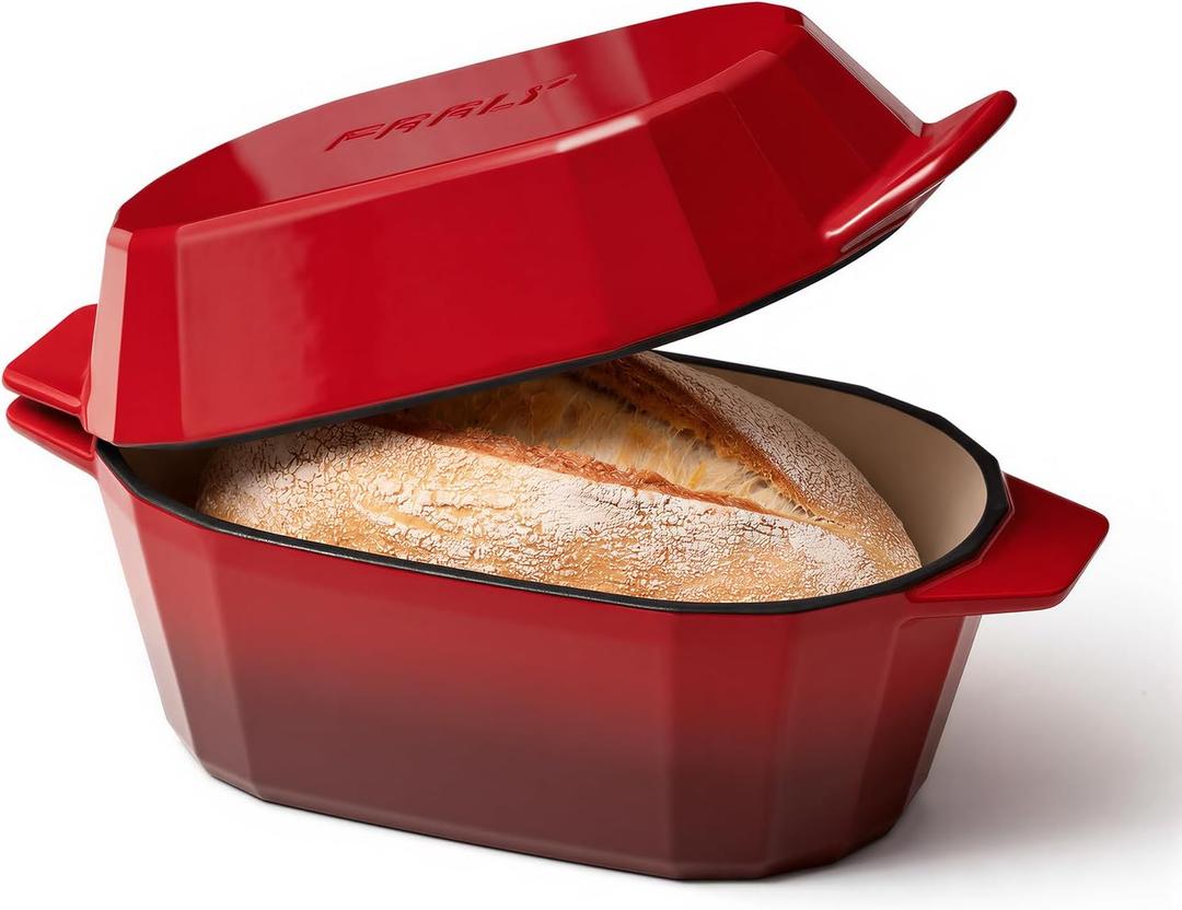 Enameled Cast Iron Sourdough Bread Oven – 3.3QT Dutch Oven for Baking with Lid, Non-Stick Oval Cast Iron Bread Oven for Sourdough-Loaf Cast Iron Bread Pan(Red)