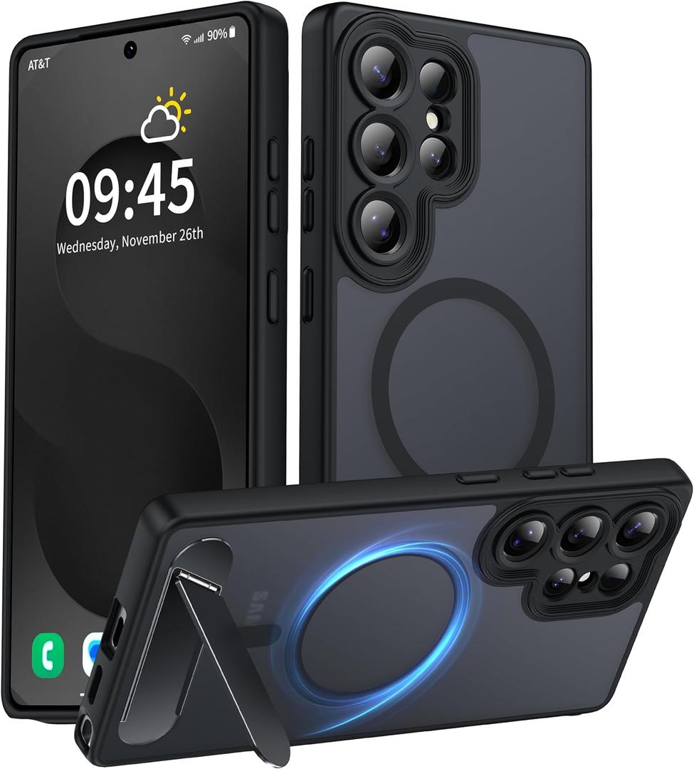 Magnetic for Samsung Galaxy S25 Ultra Case, [Compatible with MagSafe][Full Camera Protection][Built-in Invisible Kickstand] Translucent Matte Phone Case for S25 Ultra 6.9" - Black
