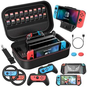 HEYSTOP Switch Accessories Bundle 12 in 1 Compatible with Nintendo Switch, Gift Kit with Carrying Case, Protective Case Cover, Screen Protector, PlayStand, Joycon Grip & More (Black)