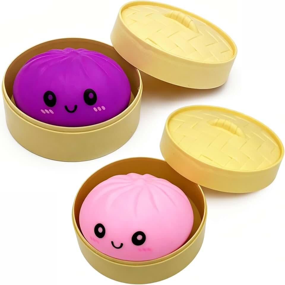 4pcs Pink Dumpling Toy with Steamer Box Funny Squeeze Dough Stress Ball Realistic Steamed Bun Fidget Sensory Toy for Adult Gift
