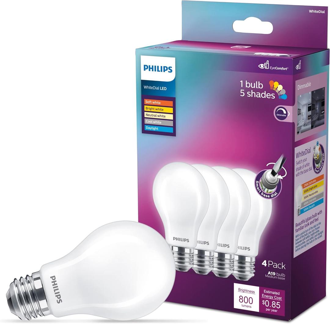 PHILIPS LED 60W A19 4-Pack WhiteDial Mult-CCT (5000K) 800 Lumen (7W = 60W) Dimmable Frosted Flicker-Free Light Bulbs