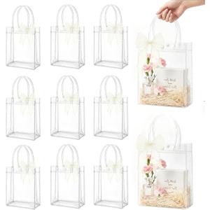 MAQIHAN 10 PCS Clear Goodie Bags with Handles - Plastic Party Favor Bag Reusable Transparent PVC Totes for Christmas Easter Valentine Wedding and Birthday(Medium Size 6.7 x 9 Inch)