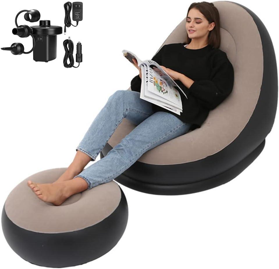 STARBRILLIANT Inflatable Living Room Furniture Chair with Stool for Resting Feet, Indoor Foldable Deck Chaise Lounges with Air Pump, Travel Camping Picnic Beach Chair (Brown)