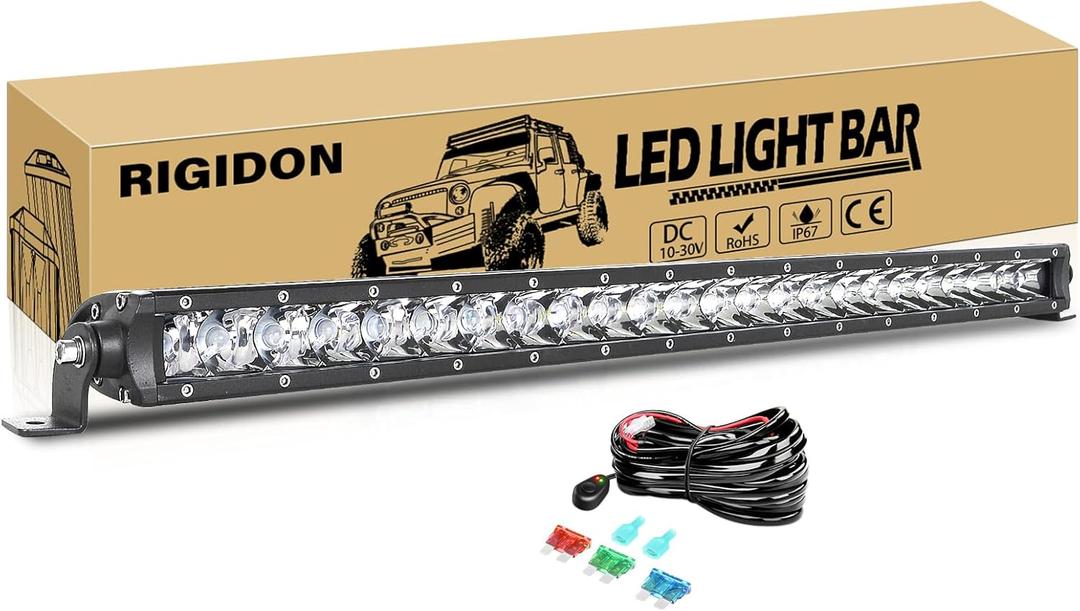 RIGIDON 26 Inch 120W Light Bar with Wire Harness, Single Row Spot 12000LM LED Light Bar Waterproof Driving Boat Road LED Work Light for ATV UTV Truck