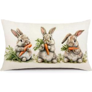 AOFANGGO Easter Pillow Cover 12X20 Inch Bunnies Eatting Carrots Rabbits Decorations Holiday Farmhouse Decorative Spring Pillow Case for Home Sofa Couch