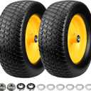 2PCS 15x6.00-6 Lawn Mower Tire Flat Free, 15x6-6 Tire and Wheel, 15x6-6 Front Tire for John Deere (Most 100 &300 Series) /Husqvarna Riding Mowers, with 3/4"& 5/8" Bearings & 3" Offset Hub (15x6.00-6 Solid TiresYellow Rim))