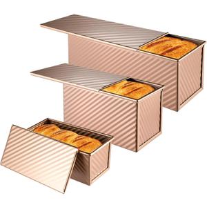 3 Pcs Pullman Loaf Pan with Lid, 2.2lb/1lb/0.5lb Dough Capacity, Non-Stick Carbon Steel Bread Pans for Homemade Bread Sandwich and Toast, Sourdough Loaf Pan with Lid, Corrugated Toast Mold (Golden