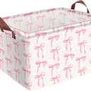 Pink Bow Storage Basket Waterproof Canvas Toy Storage Bin Coquette Room Decor Collapsible Outdoor Basket with Leather Handles Pink Bow Room Decor Blanket Baskets For Closets,Bedrooms,Gifts Baskets