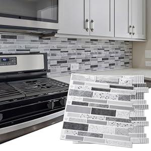 Art3d 10-Sheet Peel and Stick Vinyl Backsplash Wall Tile, 12 x 12 Inch Self Adhesive Stick on Kitchen Backsplash, Gray