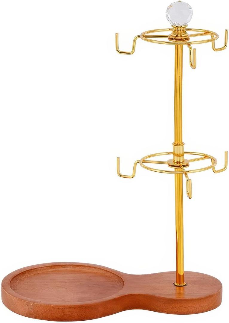 Coffee Mug Tree Holder Metal,Double Tier Mug TeaCups Holders Countertop with Tray,Coffee Mug Tea Cup Stand Storage Rack Tabletop Counter 6 Hooks(Crystal Ball) (Gold)