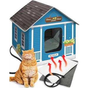 Deluxe Heated Cat House for Winter - Weatherproof, Insulated, Easy Assembly, Cat Heating Pad, Dual Escape Doors, Outdoor & Indoor Cat House - Blue Tiles Pethouse