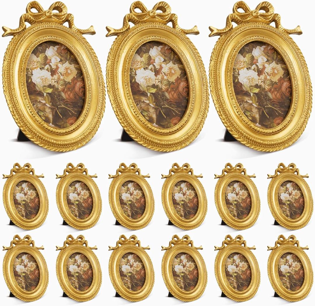 Vicenpal 15 Pcs Gold Tiny Picture Frame 2.5 x 3.5 Inch Small Vintage Oval Picture Frames Stylish Vintage Baroque Ornate Antique Resin Oval Table Display for Home Wedding