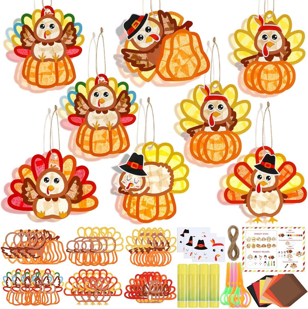 Motipuns 24 Sets Thanksgiving Turkey Ornaments Crafts Turkey Paper Suncatchers Thanksgiving Fall DIY Kit Pumpkin Crafts Decorations for Harvest Festival Activities