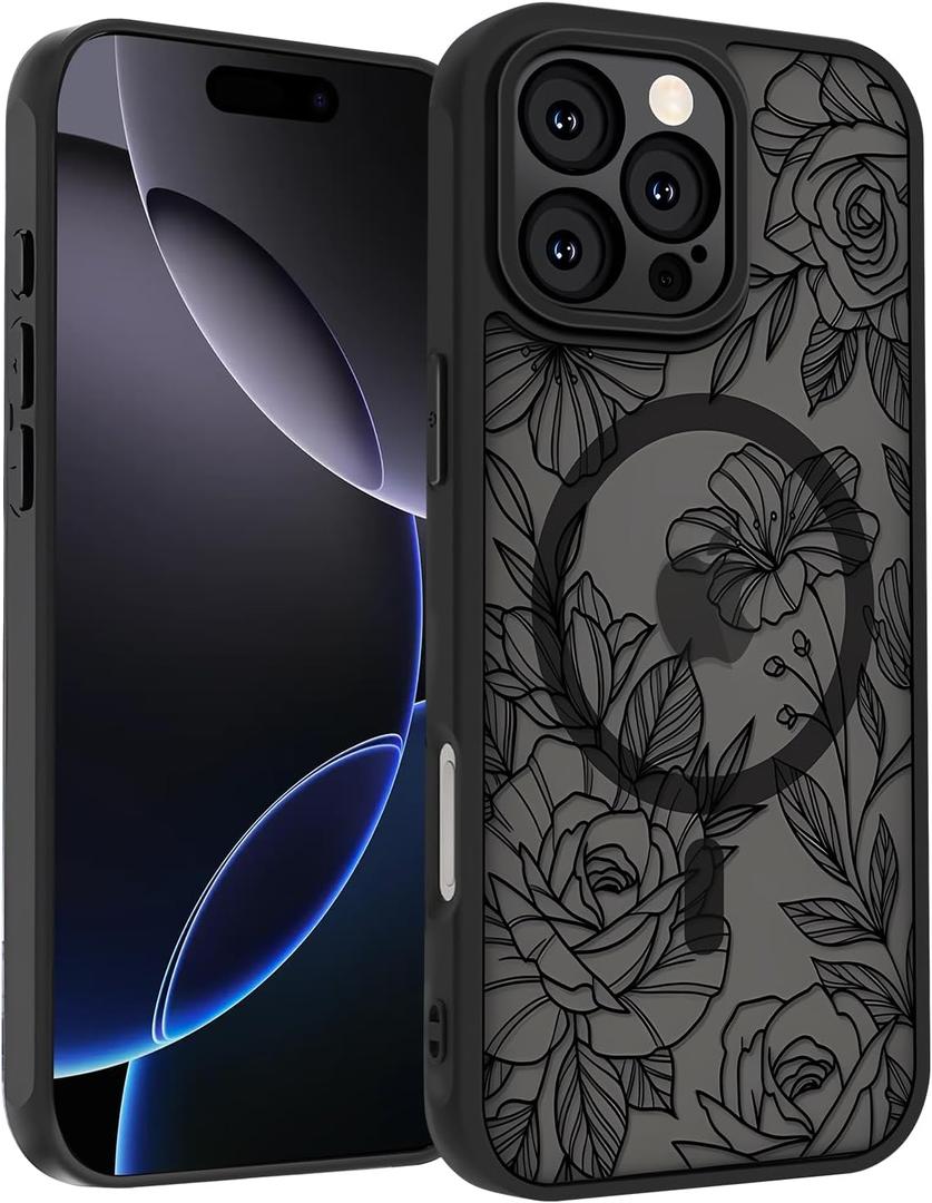 for iPhone 16 Pro Max Case, Black Floral Flower Pattern Print Magnetic Case [Compatible with MagSafe] [Translucent Matte] Slim Shockproof Protective Women Girls Phone Case 6.9", Floral Flower