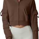 QINSEN Hoodies for Women Full Zip Up Cropped Jacket Long Sleeves with Cargo Pockets Sweatshirts Tops (Brown, XS)