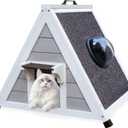 Deblue Outdoor Cat House for Feral Cats, Weatherproof Wooden Cat House for Small Pets, Unique Cat Shelter with Escape Door & Clear Window (Grey House)