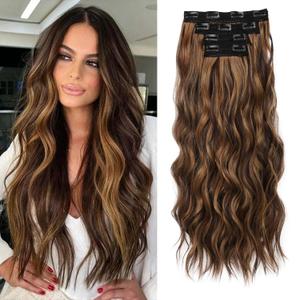 REECHO Clip in Hair Extensions, 4PCS BHair Extensions 24" Thick Long Beach Waves hair extensions HE003 Invisible Lace Weft  Chocolate Brown with Golden Highlights