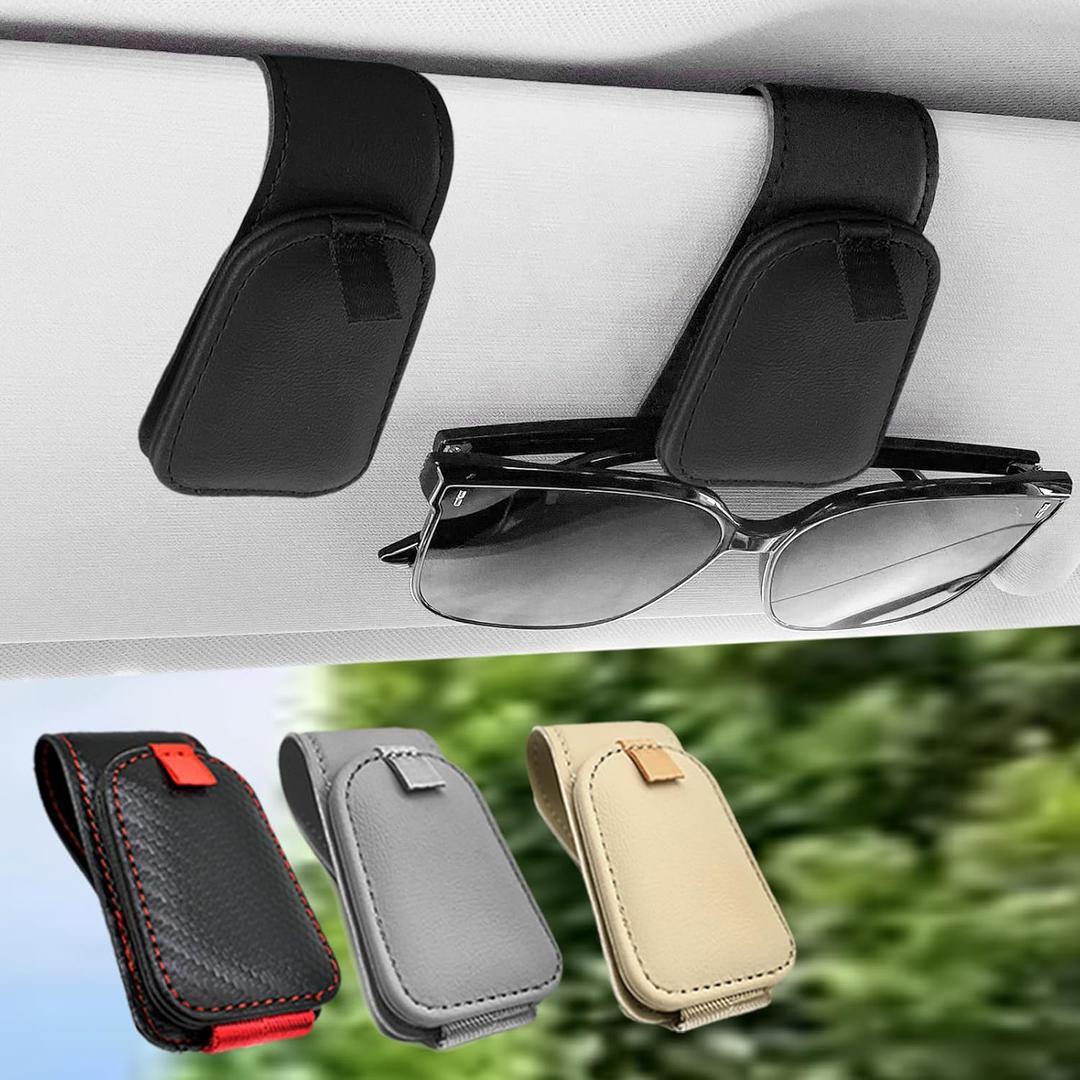 Sunglass Holder for Car, 2 Pack Car Sunglass Holder Visor Clip Magnetic Leather Sun Glasses Eyeglass Hanger, Black, Fit for Different Size Eyeglasses, Black 