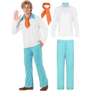 Halloween Costume Men Long Sleeve White Shirt and Pants Outfit with Scarf for Adult Cosplay Party (Blue, S)