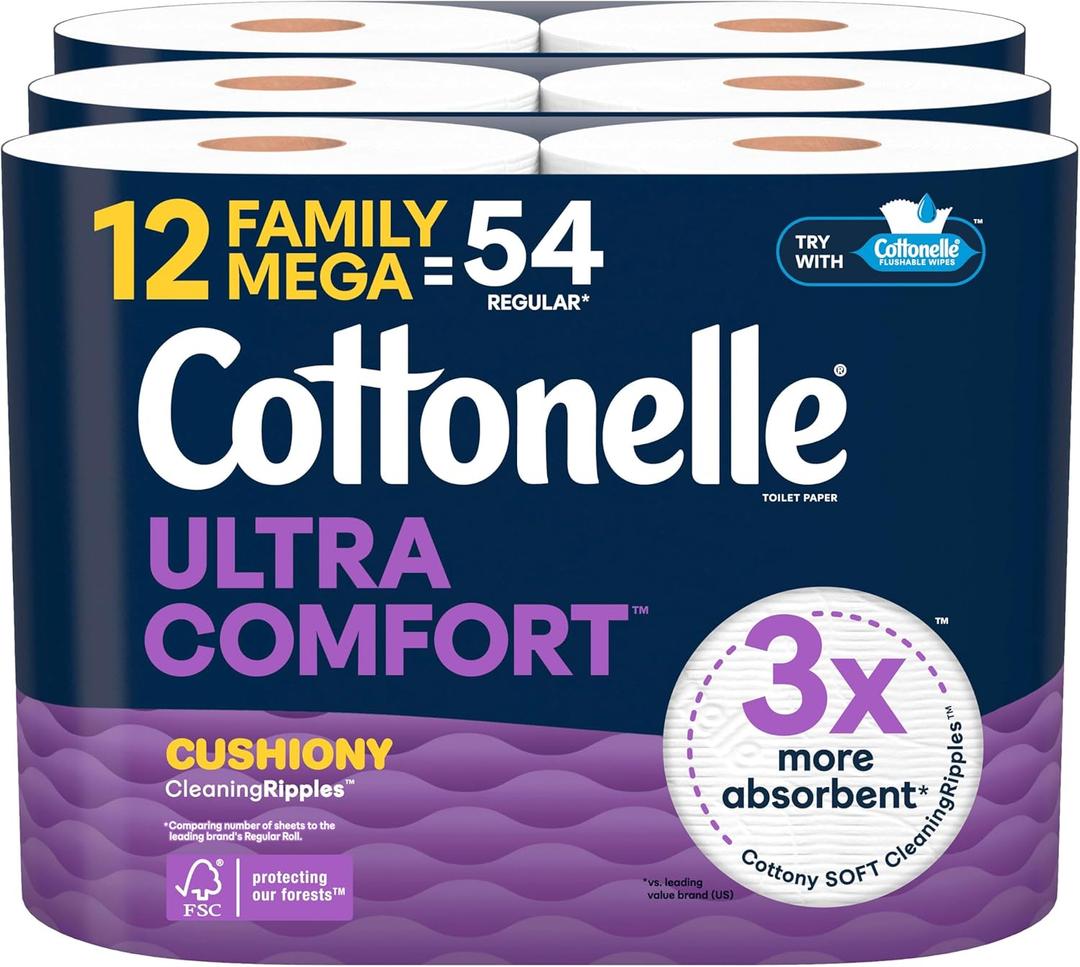 Cottonelle Ultra Comfort Toilet Paper with Cushiony CleaningRipples Texture, 12 Family Mega Rolls = 54 Regular Rolls
