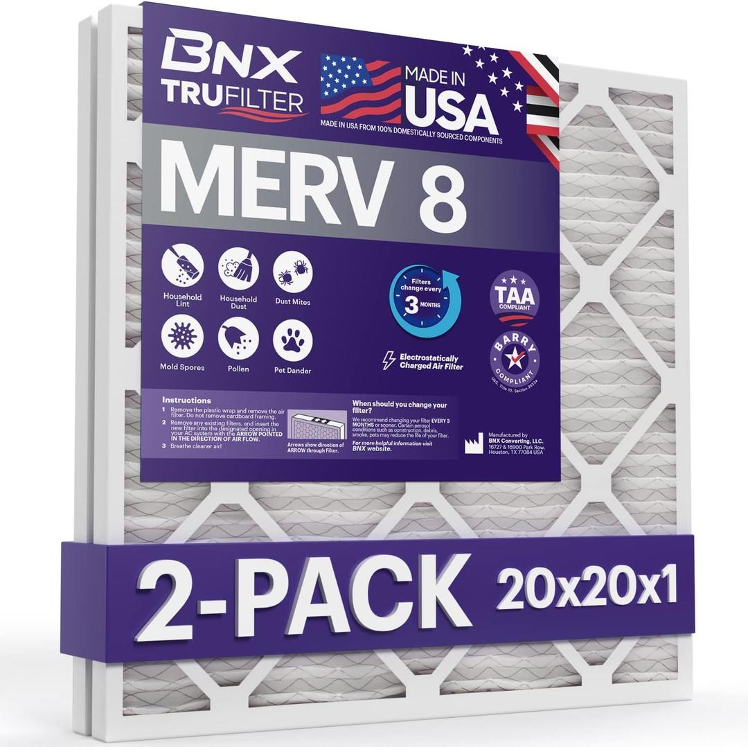 BNX 20x20x1 MERV 8 Air Filter 2 Pack - MADE IN USA - Electrostatic Pleated Air Conditioner HVAC AC Furnace Filters - Removes Dust, Mold, Pollen, Lint