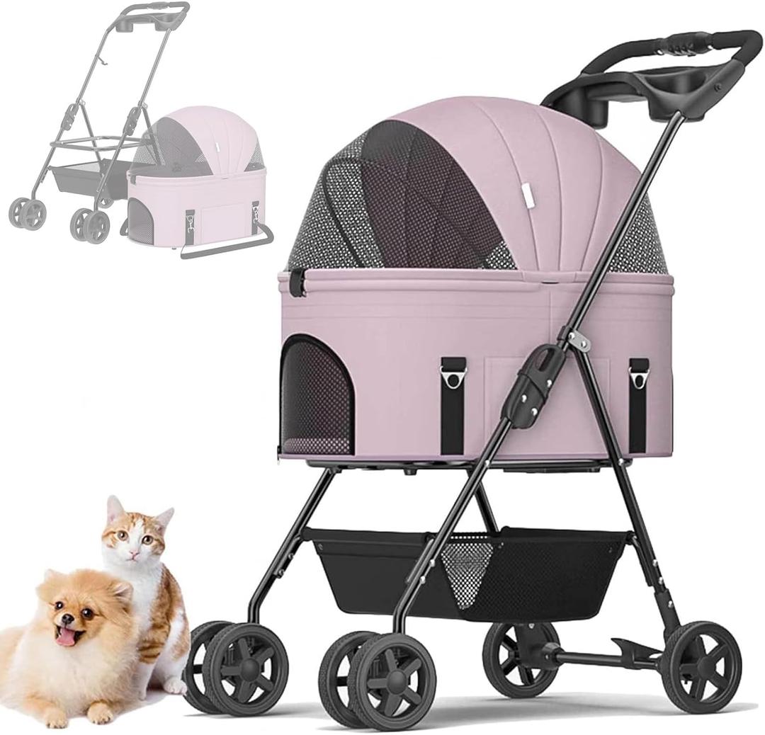 Dog Stroller, Dog Stroller, 17 kg, Travel Stroller for Pets Dog Cat with Removable Transport and Storage Basket, Folding Portable Pram, Purple