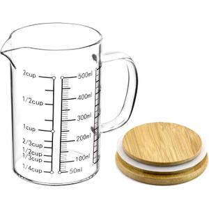 QWORK Glass Measuring Cup, 500ML (18 Oz, 2 Cup), High Borosilicate Glass Scale Cup with Handle and Durable Bamboo Lid, for Kitchen or Restaurant (1 Pack)