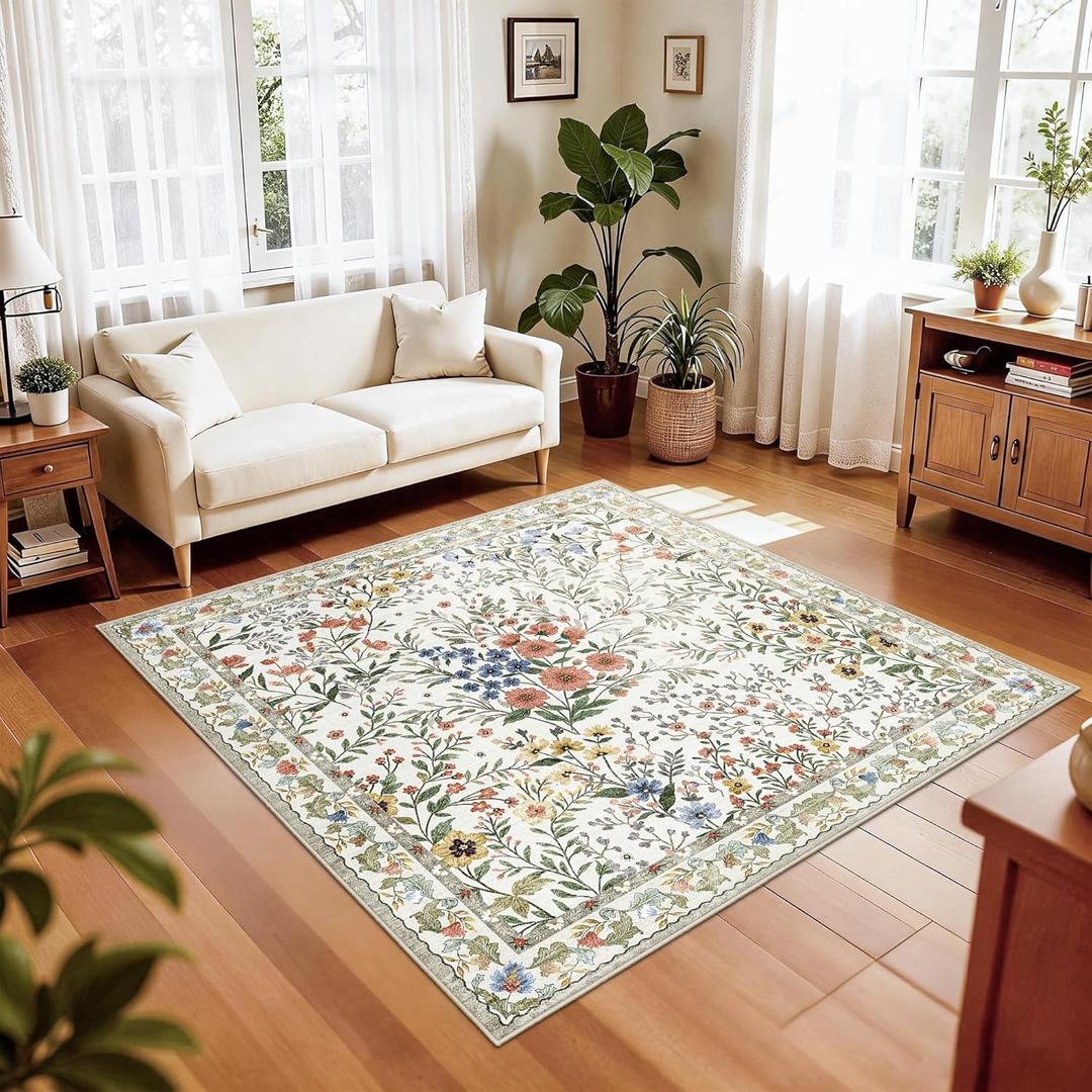 5x5 Living Room Area Rug Washable: Floral Non-Slip Mats for Indoor Floor Entryway Dining Room Bedroom - Soft Thin Carpet for Vintage Neutral Home Decor (5ft Square, Beige)