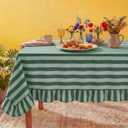 Tudomro 1 Pcs Ruffle Edge Striped Tablecloth, 84'' x 60'' Scalloped Table Cover, Farmhouse Linen Fabric Cloth for Rectangle Table, Dining Room Bridal Shower Wedding Holiday Party(Forest, Mint Green)