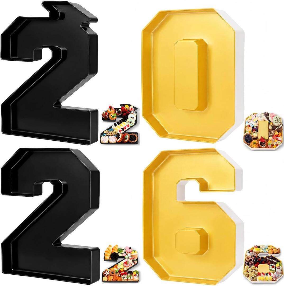 Tellingyou 4 Pcs 13.7" 2026 Charcuterie Numbers Fillable Graduation Disposable Mache Box Chocolate Candy Tray Grad Container Decoration(Black and Gold,2026)