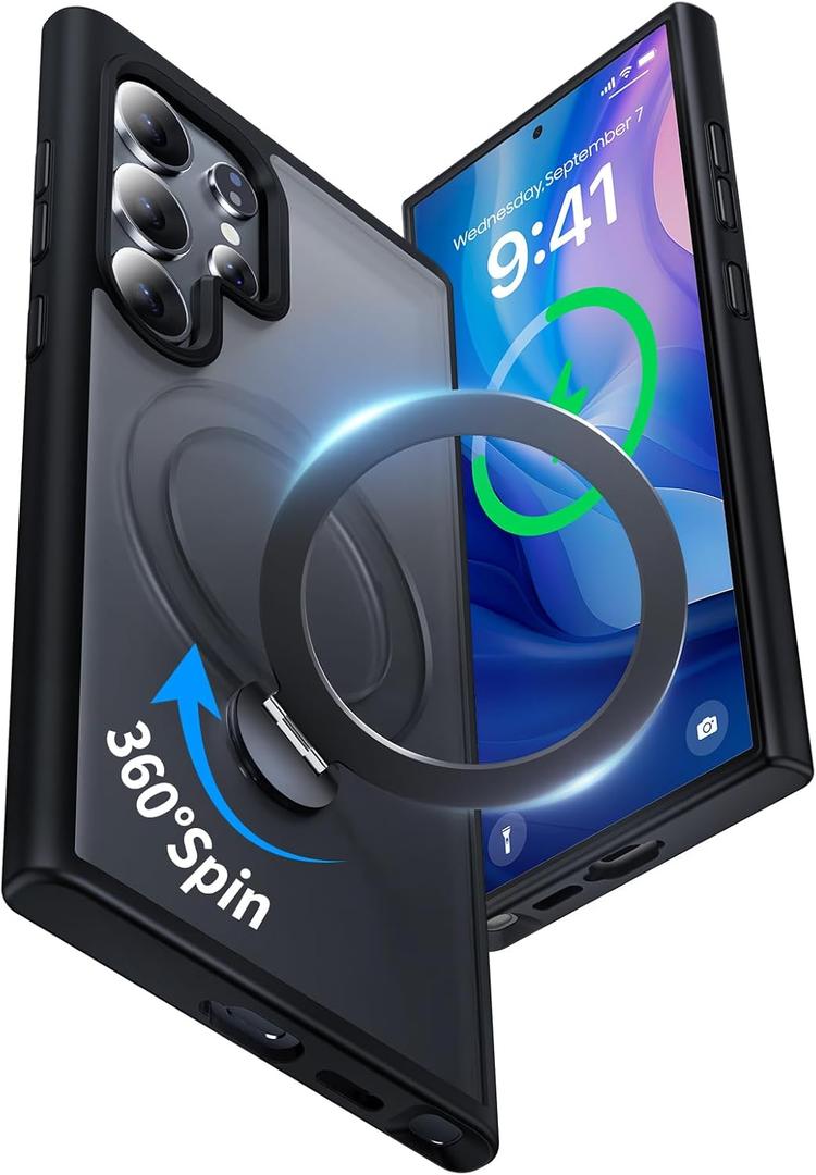 for Samsung Galaxy S23 Ultra Case,Compatible with Magsafe [Wireless Charging],with 360Rotatable Magnetic Ring Stand Matte Translucent Slim Soft Edge Phone Kickstand,Black