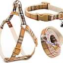 Cute Plaid Dog Collar Harness and Leash with Safety Buckle - Adjustable and No Pull Comfortable Dog Collars for Small Puppy, Stylish Durable Gift for Boy Girl Pets, Beige Medium