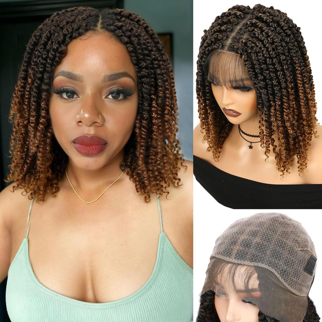 Fancy Hair Double Full Lace Knotless Braided Wig Lightweight Short Passion Twist Wig with Baby Hair for Black Women (Ombre Brown)