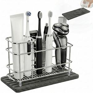 Toothbrush Holder for Bathroom Countertop, Stainless Steel Electric Toothbrush Organizer with Quick-Drying Diatomite Stone Mat, Rustproof Vanity Caddy for Toothpaste and Razors, Grey (White)