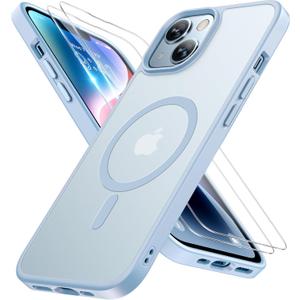 Miracase Magnetic for iPhone 14 Case 6.1 inch (Compatible with MagSafe)with 2X Screen Protectors Military-Grade Protection, Anti-Fingerprint Translucent Matte Phone Case Cover, Light Blue