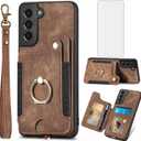 Phone Case for Samsung Galaxy S21 5G 6.2 inch Wallet Cover with Tempered Glass Screen Protector and Wrist Strap Lanyard RFID Credit Card Holder Ring Stand Cell Accessories S 21 21S G5 Women Men Brown